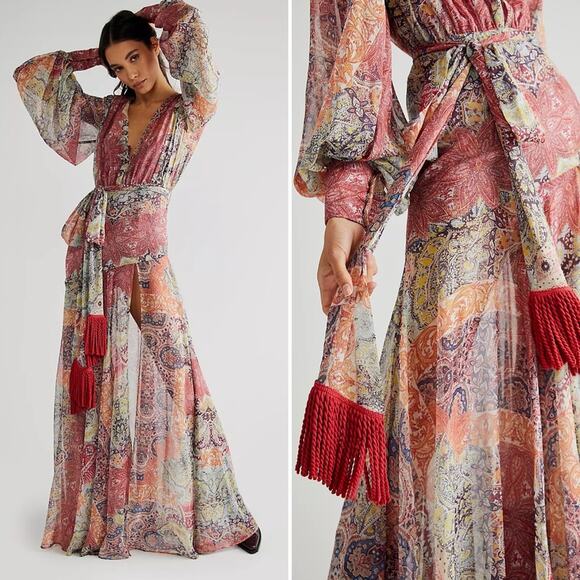 NEW Bronx & Banco X Free People Farah Bohemian Long Sleeve Boho Silk Maxi Dress‎ - Picture 1 of 16